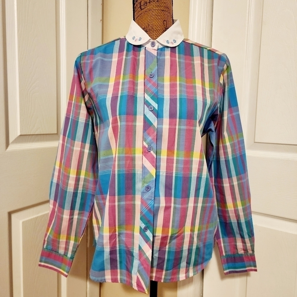 Vintage Joan Harper Pastel Plaid Embroidered Collar Button Shirt Women's 10 EUC